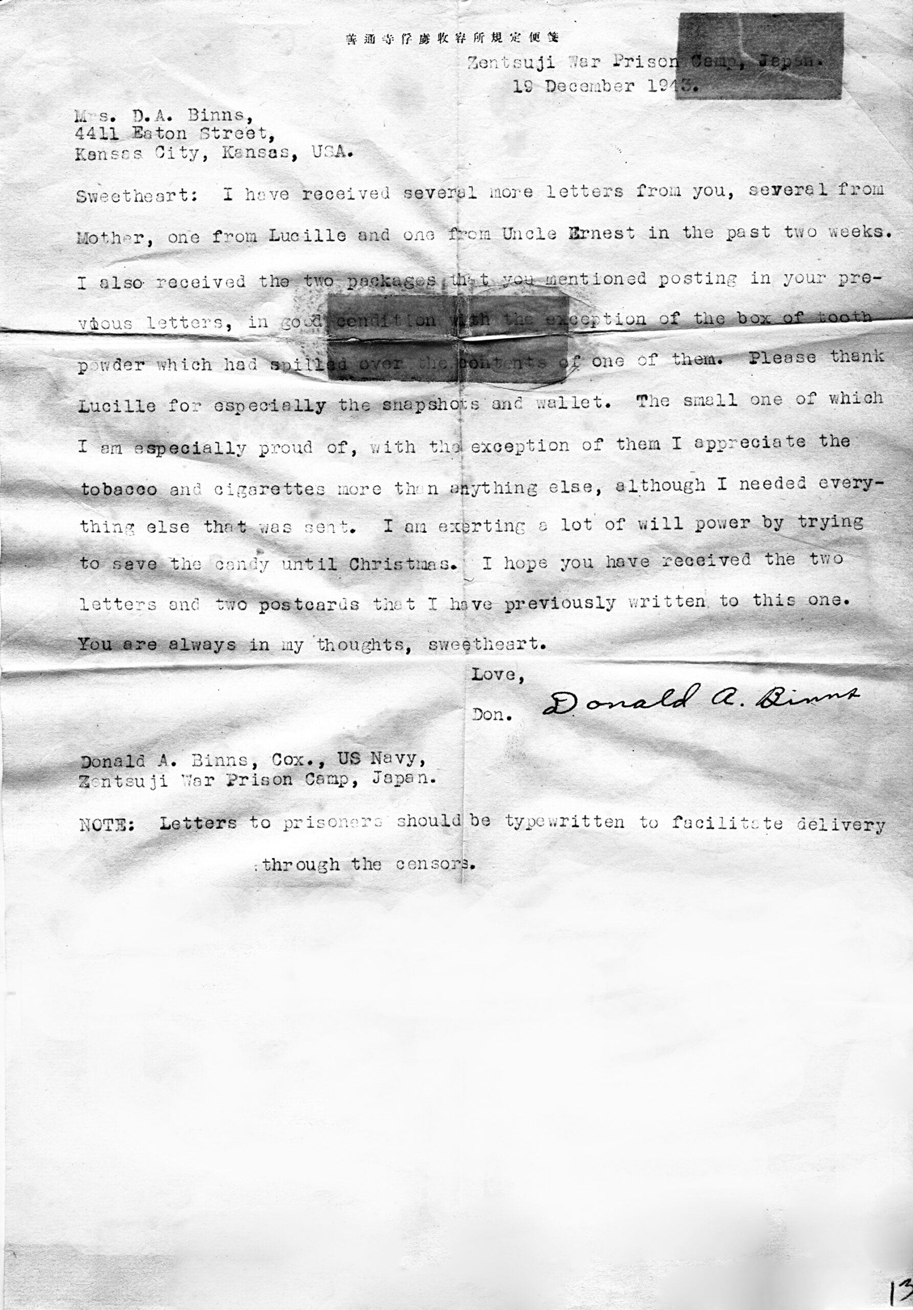 Zentsuji Prison Camp War Letter December 1943