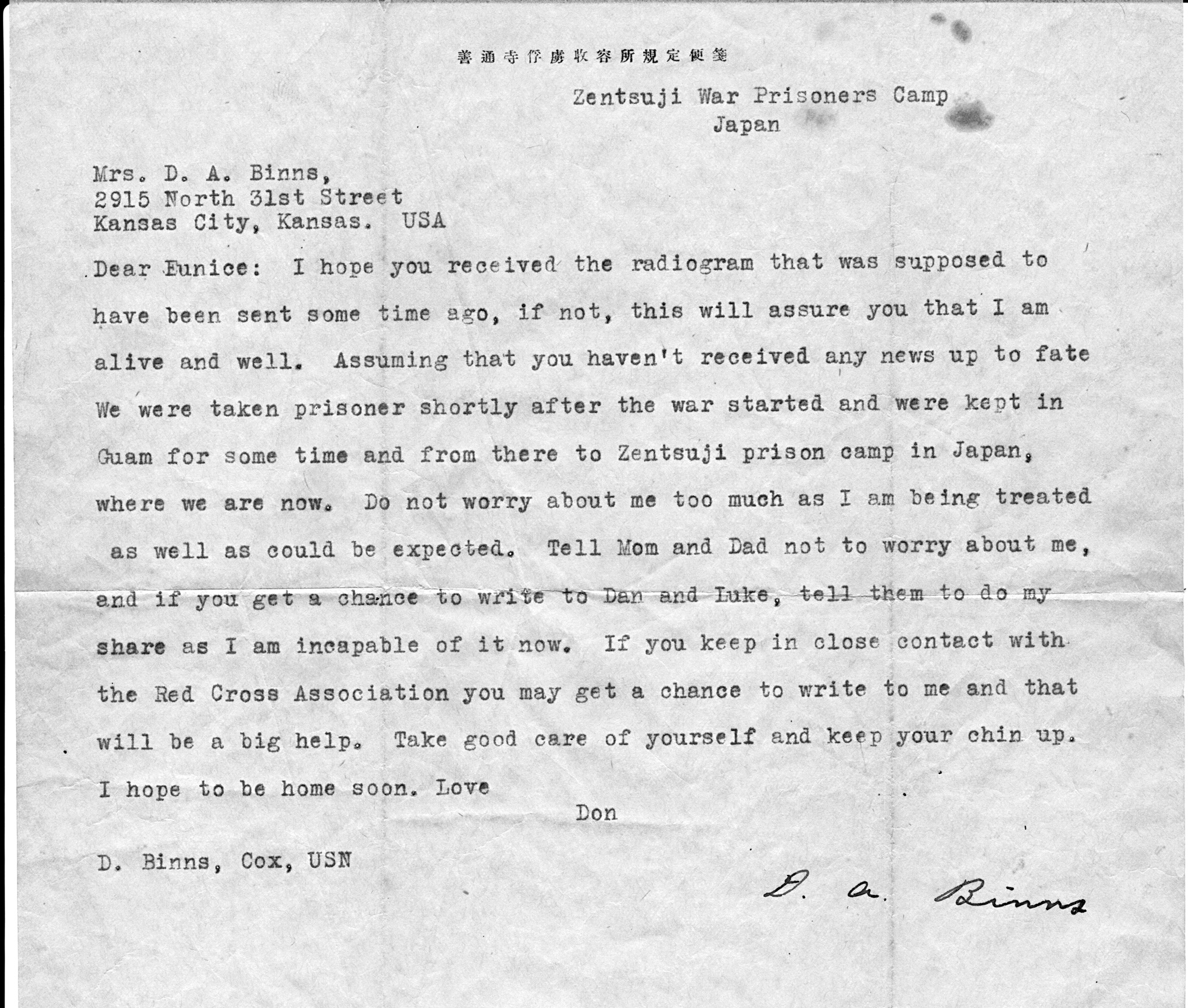Zentsuji Prison Camp War Letter